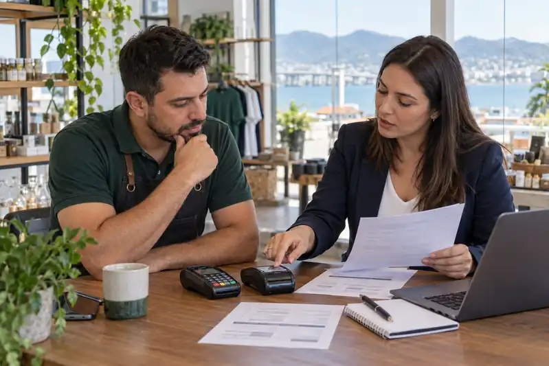 Empreendedores comparam propostas e maquininhas de cartão em uma mesa